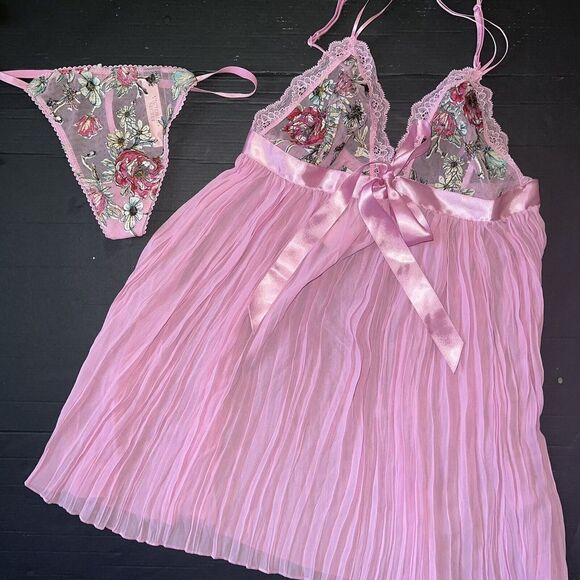 Victoria's Secret 34B BRA SET+garter+thong+S BABYDOLL gown PINK floral appliqué - Picture 5 of 11